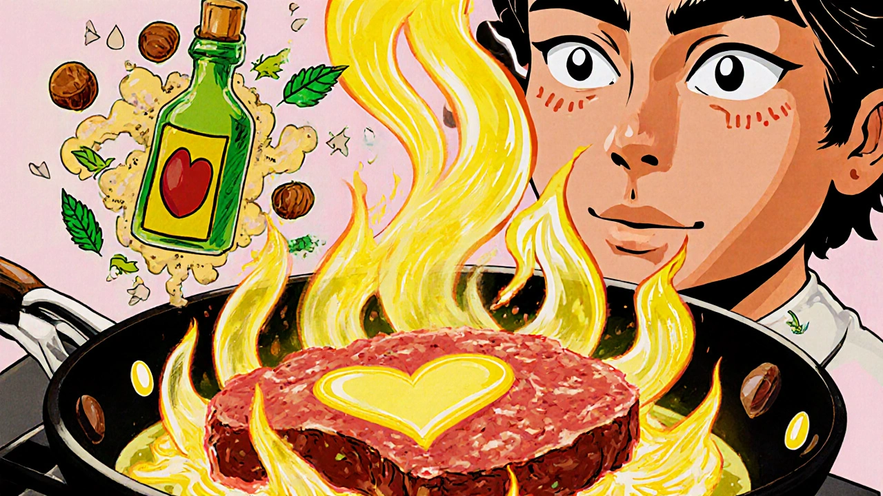 A steak sizzling in avocado oil, with heart-shaped heat waves and a rancid oil bottle exploding into crayon smoke.