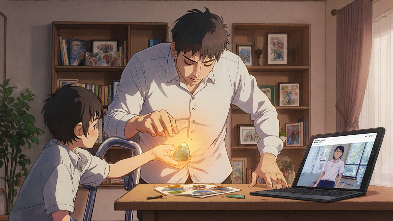 A stroke survivor reaching for adaptive clothing with family nearby, warm light radiating from their hands in a cozy home setting.