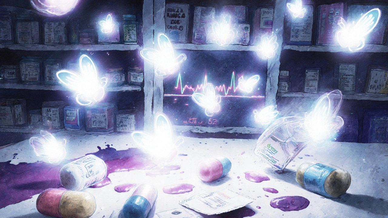 A surreal doctor&#039;s office with floating light flashes and pills, showing visual side effects of ivabradine.