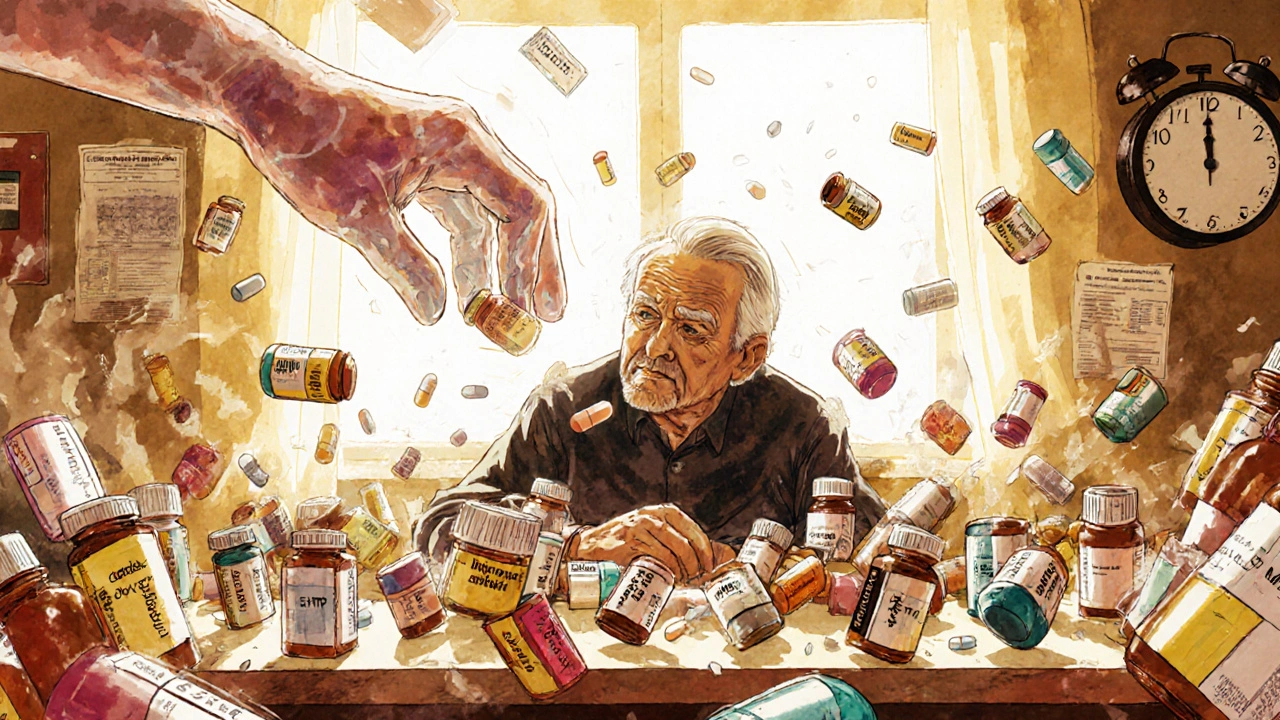 An elderly man at a kitchen table with swirling pill bottles, a pharmacist&#039;s hand removing dangerous drugs.