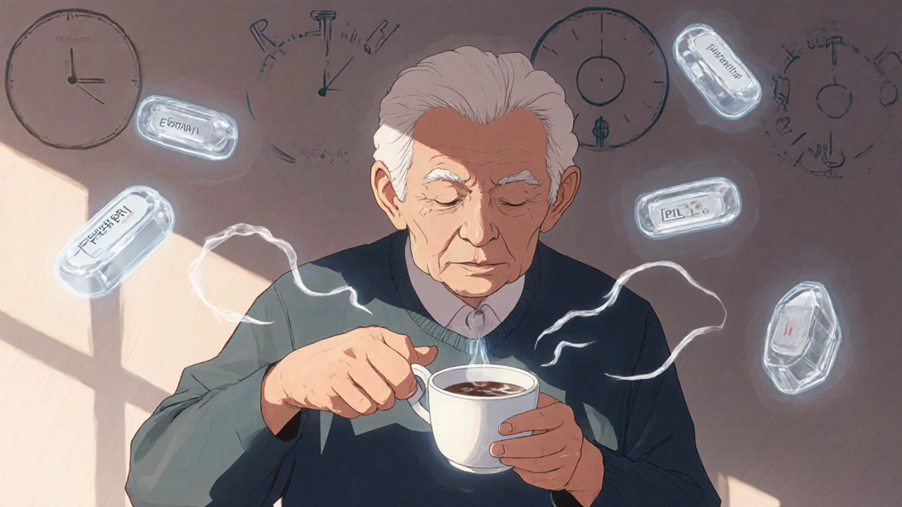 An elderly person pouring coffee steadily, surrounded by floating medication symbols in soft light.