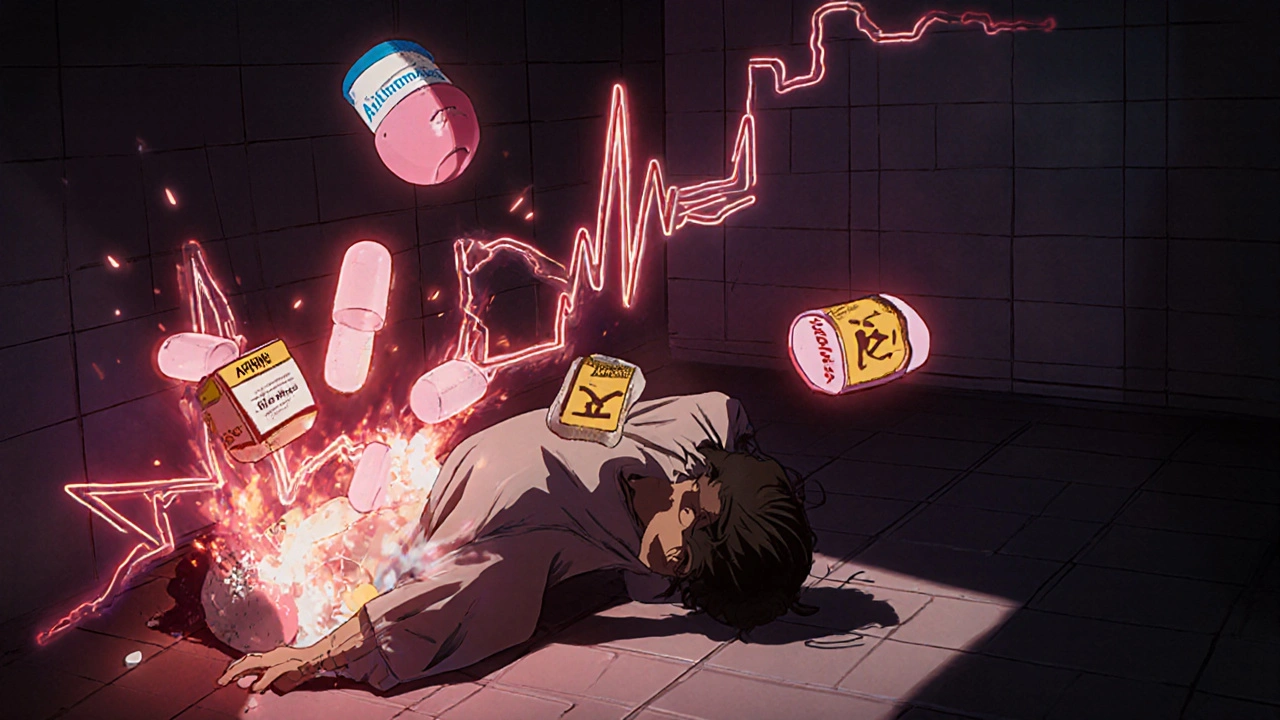 An elderly woman collapsing as her heartbeat transforms into flying warning pills and a cracked heart shadow.