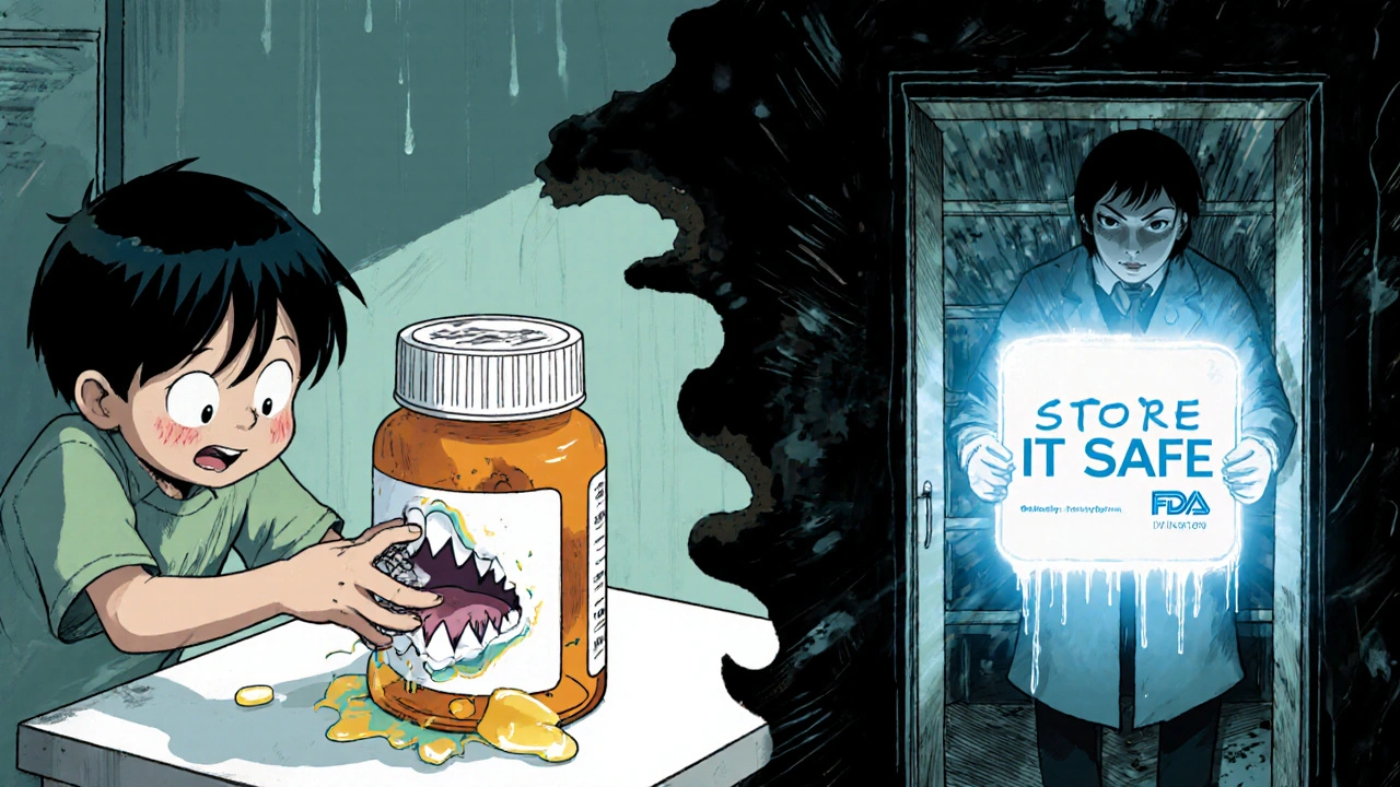 Child reaching for a transforming pill bottle monster, while a protective shelf glows safely across the room.