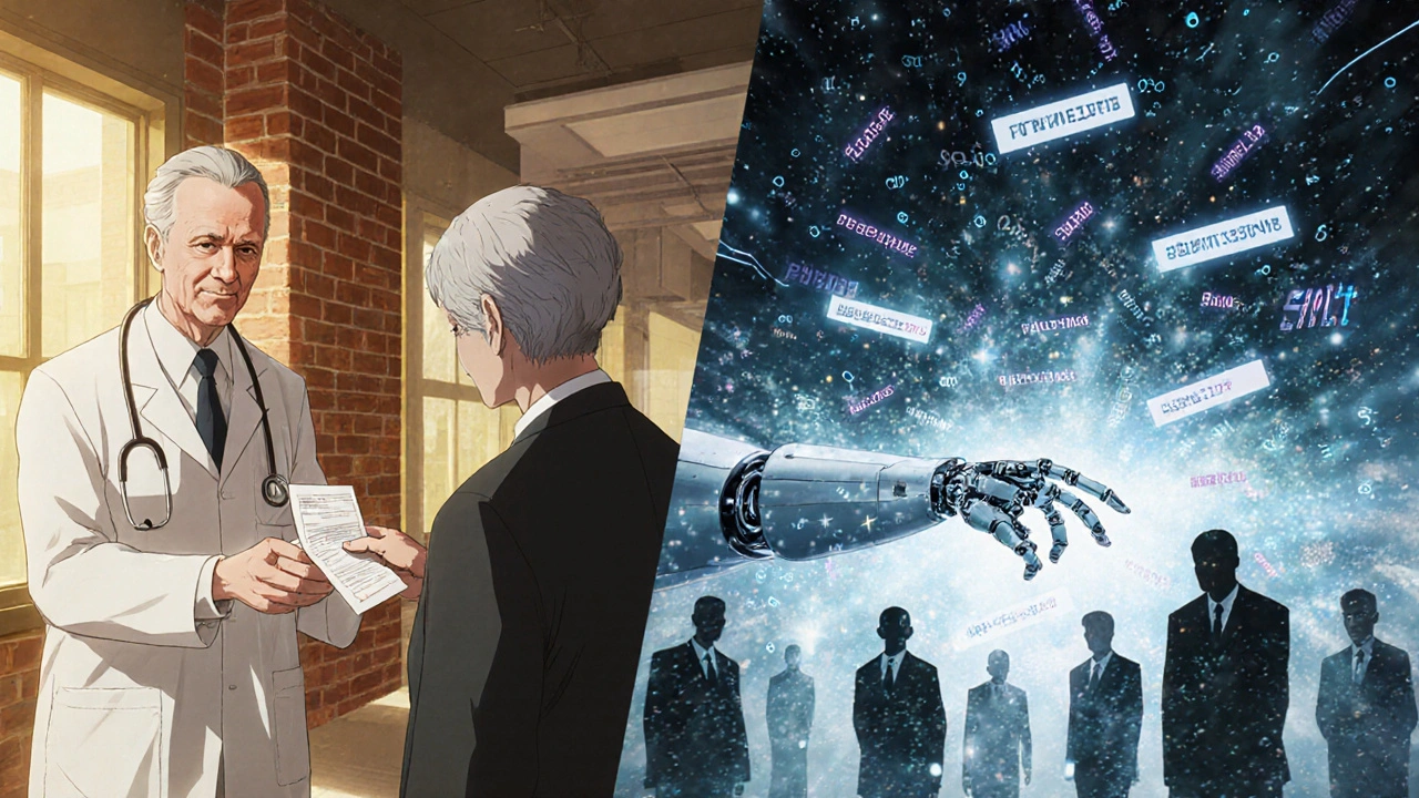 Contrasting warm physical pharmacy with cold digital data theft in stylized anime composition.