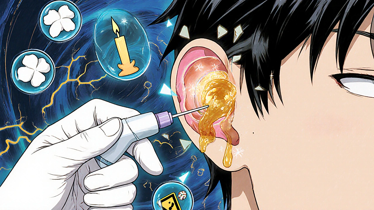 Doctor using microsuction tool to remove earwax, with sound waves and warning icons around ear.