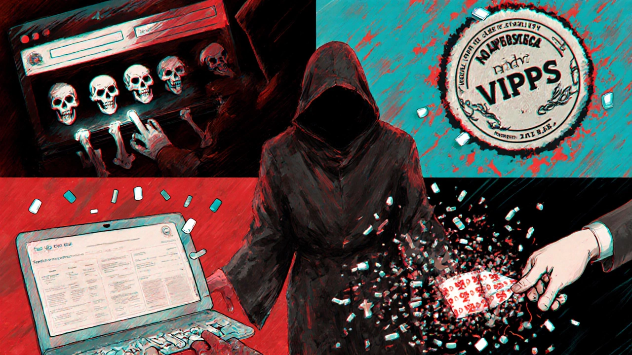 Five rapid scenes showing online pharmacy risks and protections in vibrant, motion-filled anime art.