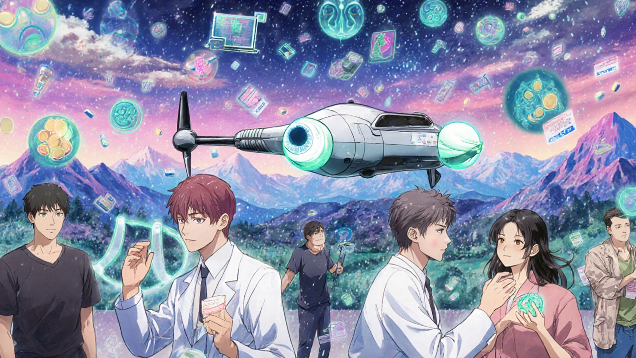 Futuristic pharmacy with biosimilar drones delivering treatments, patients holding JAK pills and healing ultrasound projections.