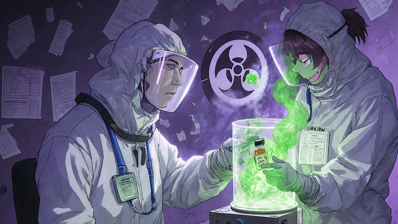 Healthcare workers in protective gear handling a hazardous cancer drug with glowing safety equipment.