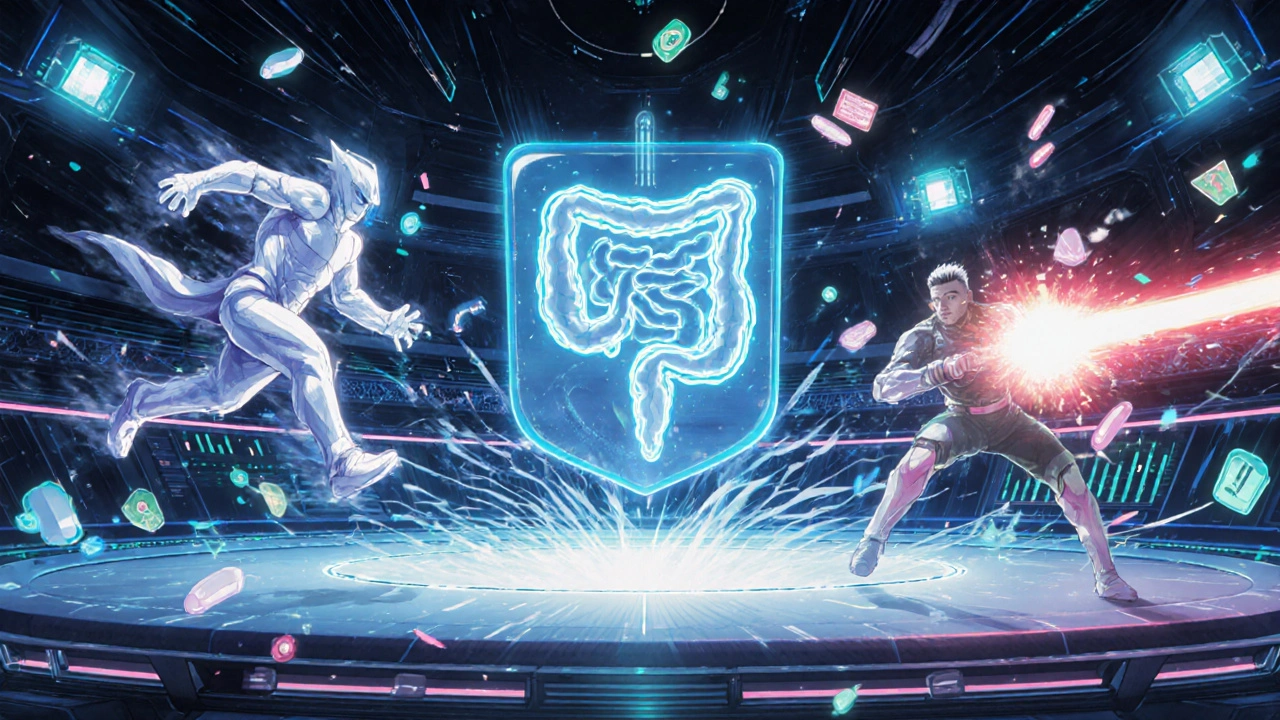 Holographic biologic drugs as warriors in a medical arena, surrounded by floating biomarker data.