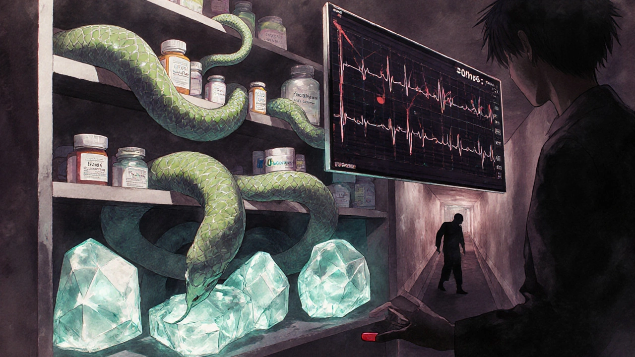 Medications as serpents wrapping around people, with glowing minerals and a stretched ECG monitor in the background.