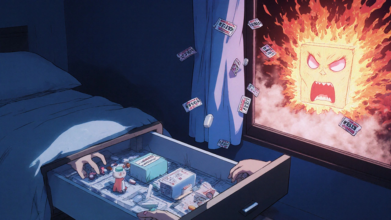 Medications safely stored in a moonlit bedroom drawer as a chaotic bathroom burns in the background.