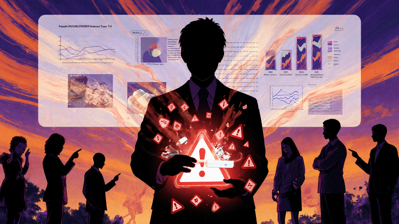 Outreach worker with test strip projecting warning hologram, diverse people pointing at drug images.