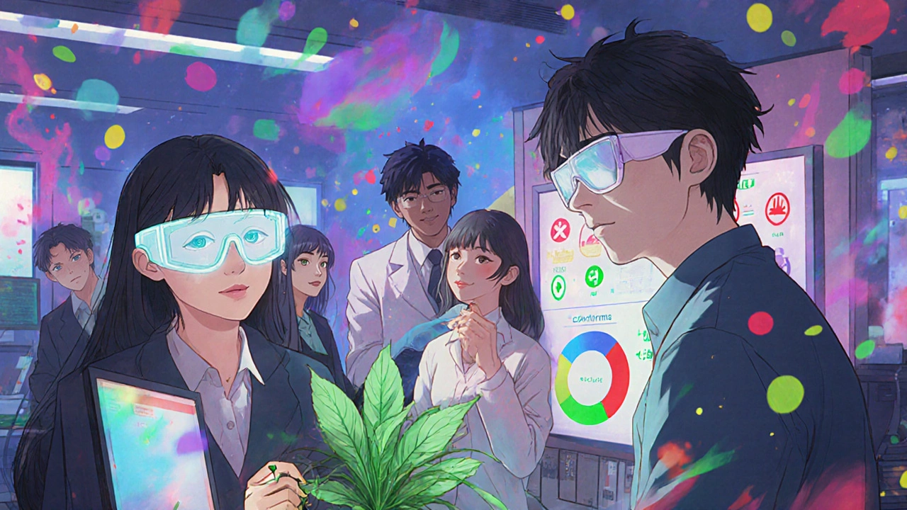 People in an office using color-assist tools, with symbolic icons and glowing glasses.