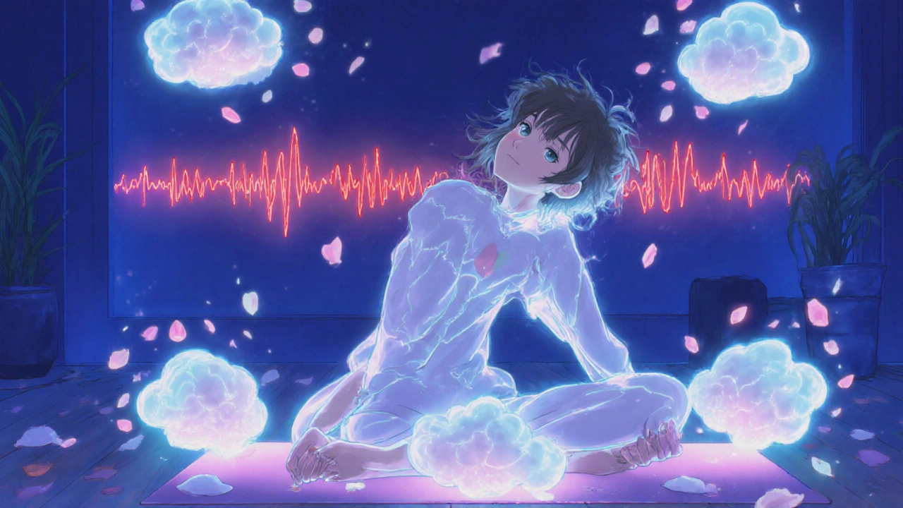 Person doing yoga with stress transforming into petals, calm expression.