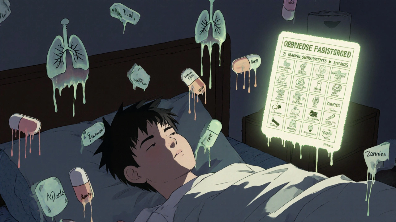 Person surrounded by floating pills with breath-like lungs, assessment card hovering nearby.