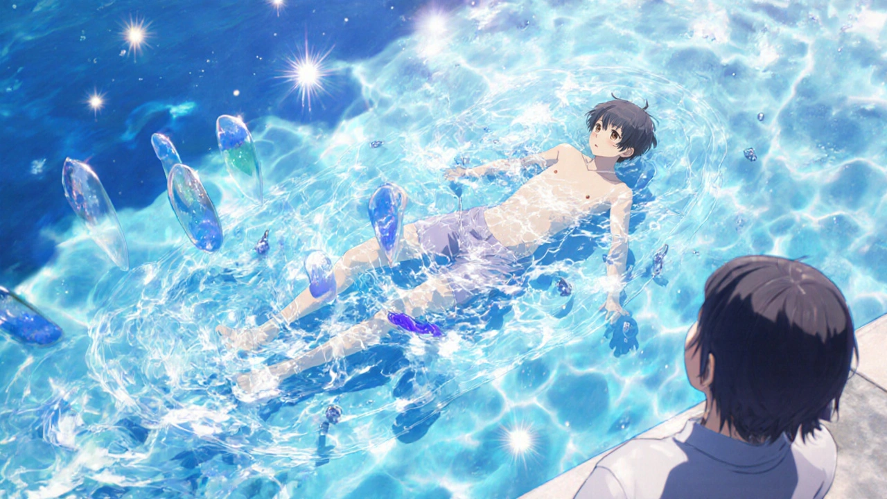 Person swimming with protective ripples, companion watching nearby.