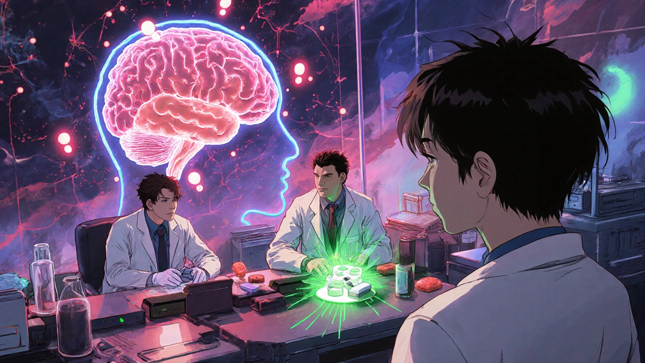 Scientists observe a brain&#039;s neural receptors adapting to medication, while gut muscles stay frozen, next to a new calm green drug.