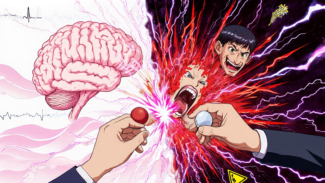 Split brain image: calm serotonin flow vs. chaotic neurotransmitter storm from drug interaction.