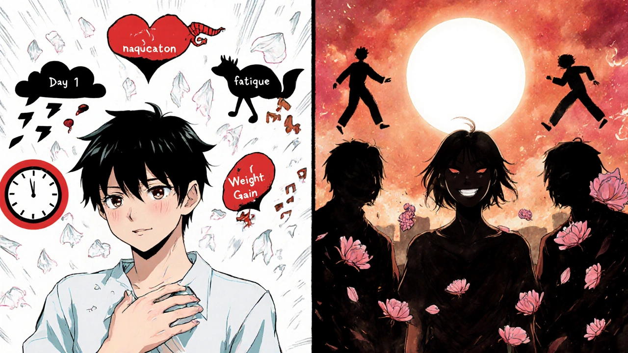 Split scene: a person suffering from side effects on day one, then peaceful on day 14, with persistent shadows of lasting side effects.