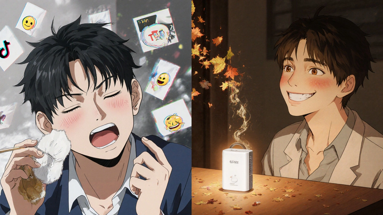 Split scene: person using cotton swab vs. person smiling after professional ear cleaning.