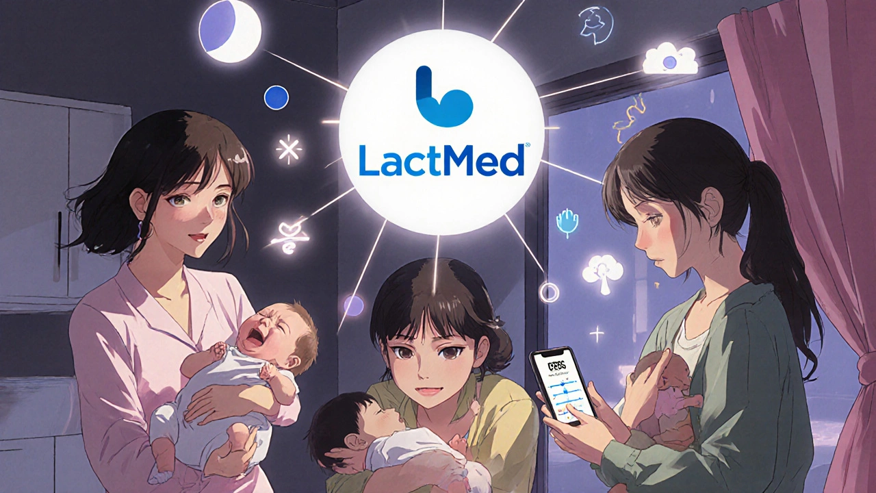 Three mothers connected by light to a LactMed logo, each with their baby, symbols of healing floating around them.