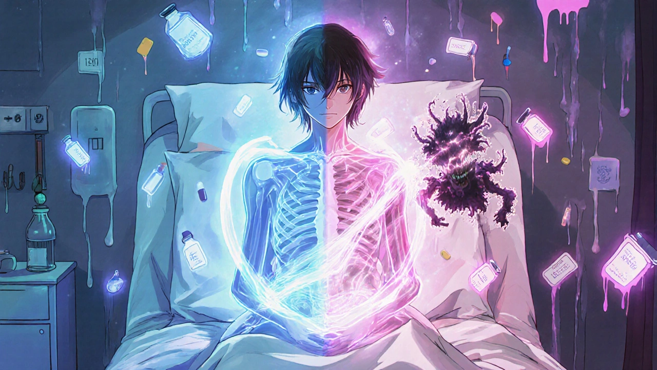 Transparent patient body showing methotrexate and biologic synergy versus immune attack, with floating price tags melting.