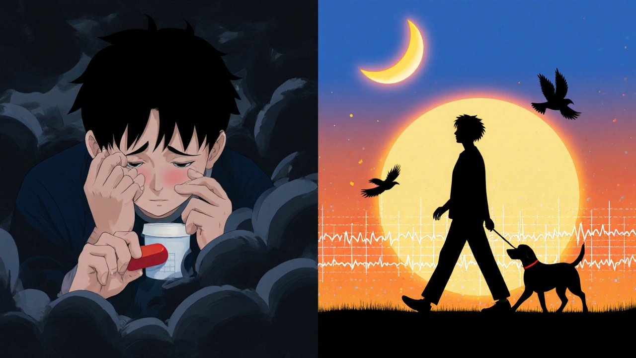 Two patients—one tired, one energized—contrasted with ECG waves turning into birds under a sunset.