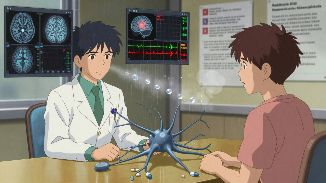 A doctor and patient at a transforming table as neural networks and fading pain signals surround them.