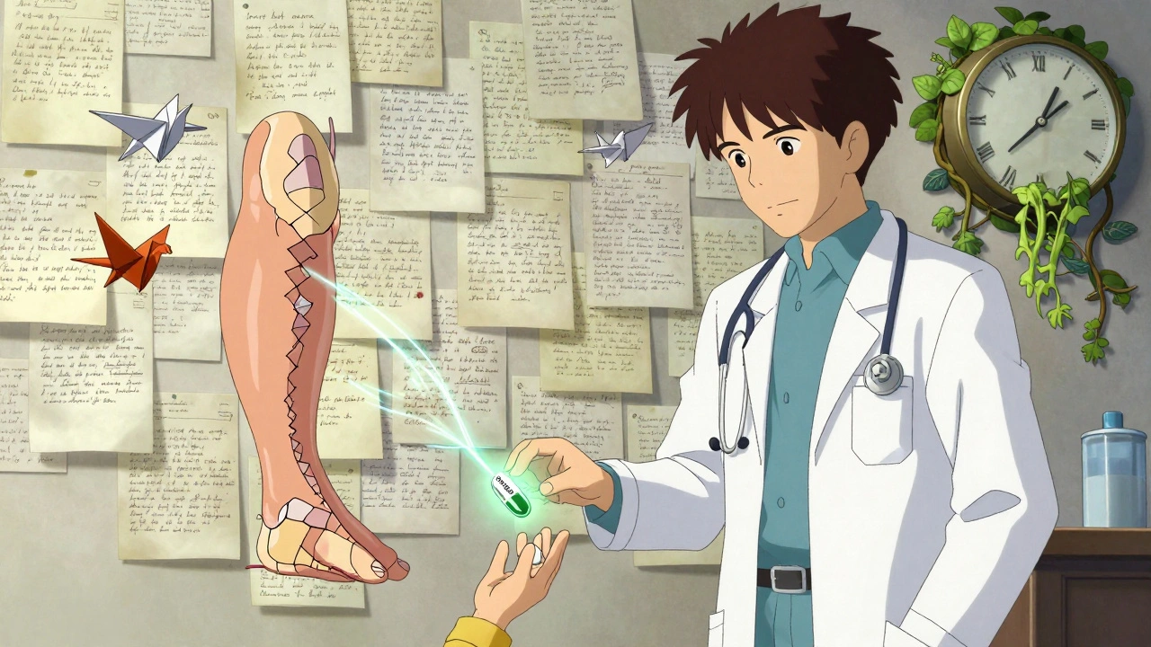 A doctor before a wall of patient stories, with a shattered tendon and nerve floating beside a small green pill in a child&#039;s hand.
