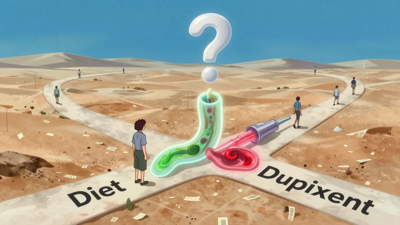 A patient at a crossroads between diet and biologic treatment, with a healing esophagus bridging both paths in anime style.