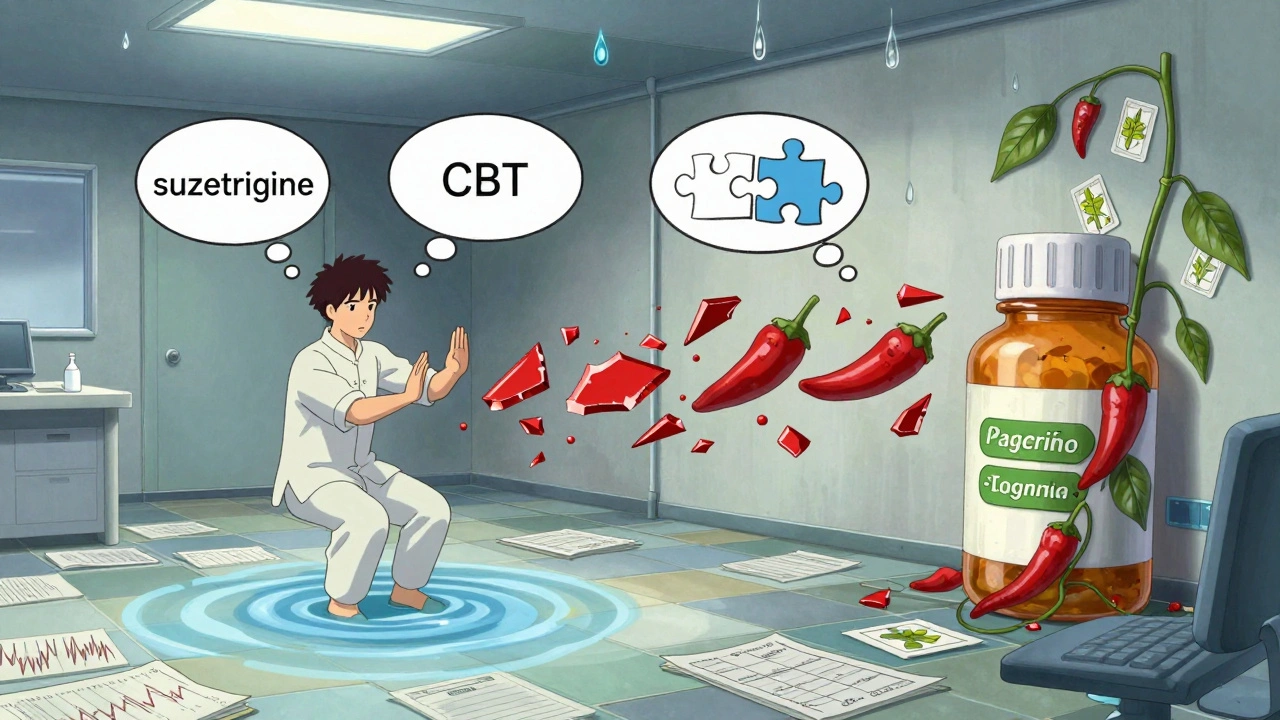 A patient’s pain dissolving into calming energy as therapy tools manifest as floating symbols in a dreamlike clinic.