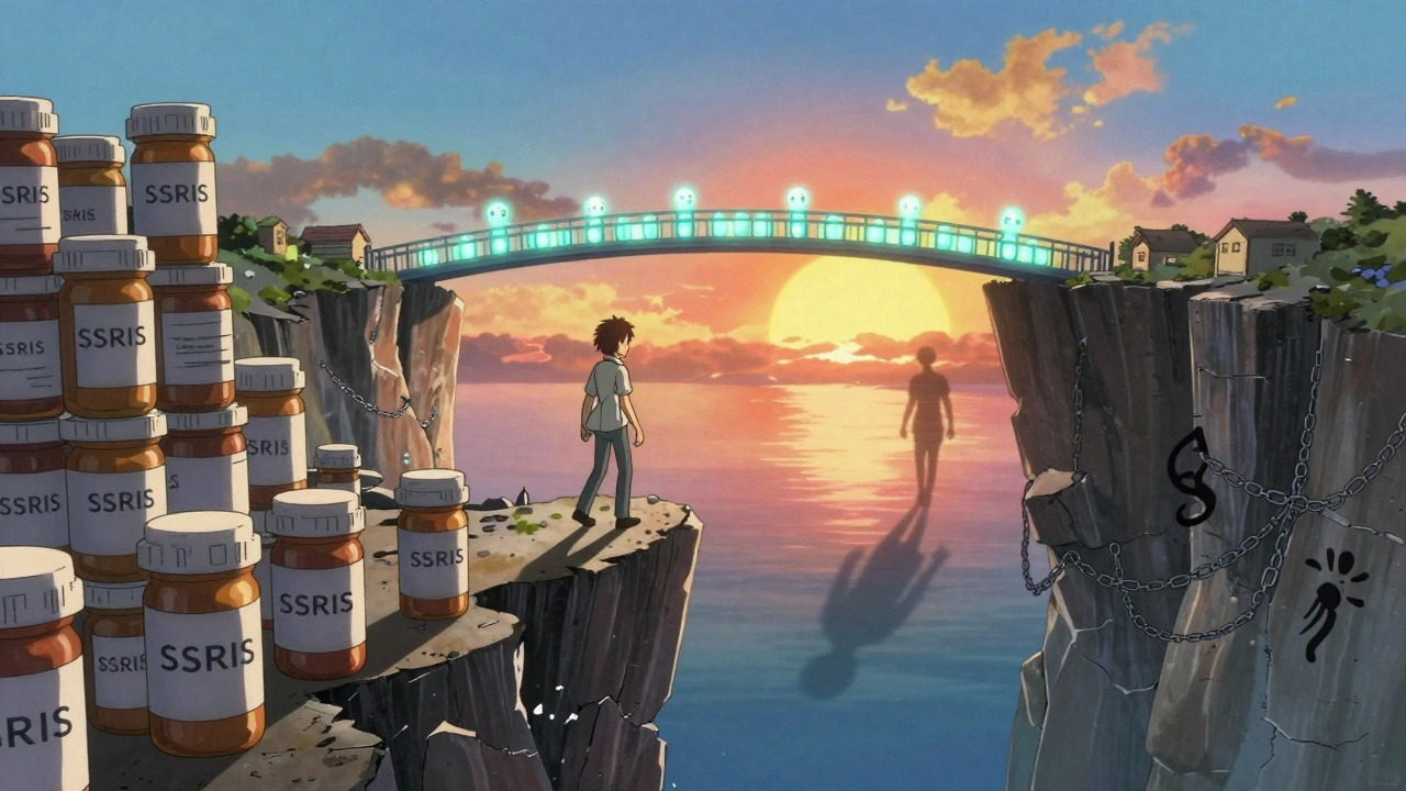 A person crossing a bridge of SNRI molecules away from a pile of failed SSRIs toward a bright horizon.