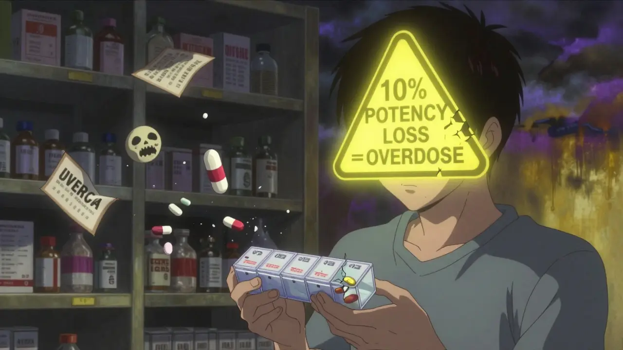 A person holding a degraded pillbox as spectral warnings float above, with crumbling drug labels dissolving into the background.