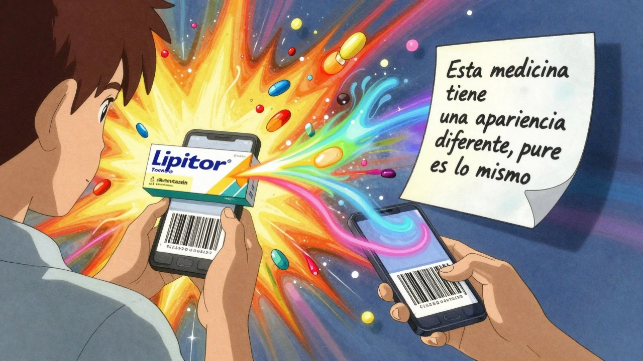 A person scanning a pill with a phone, watching brand and generic drugs merge in animated colors.
