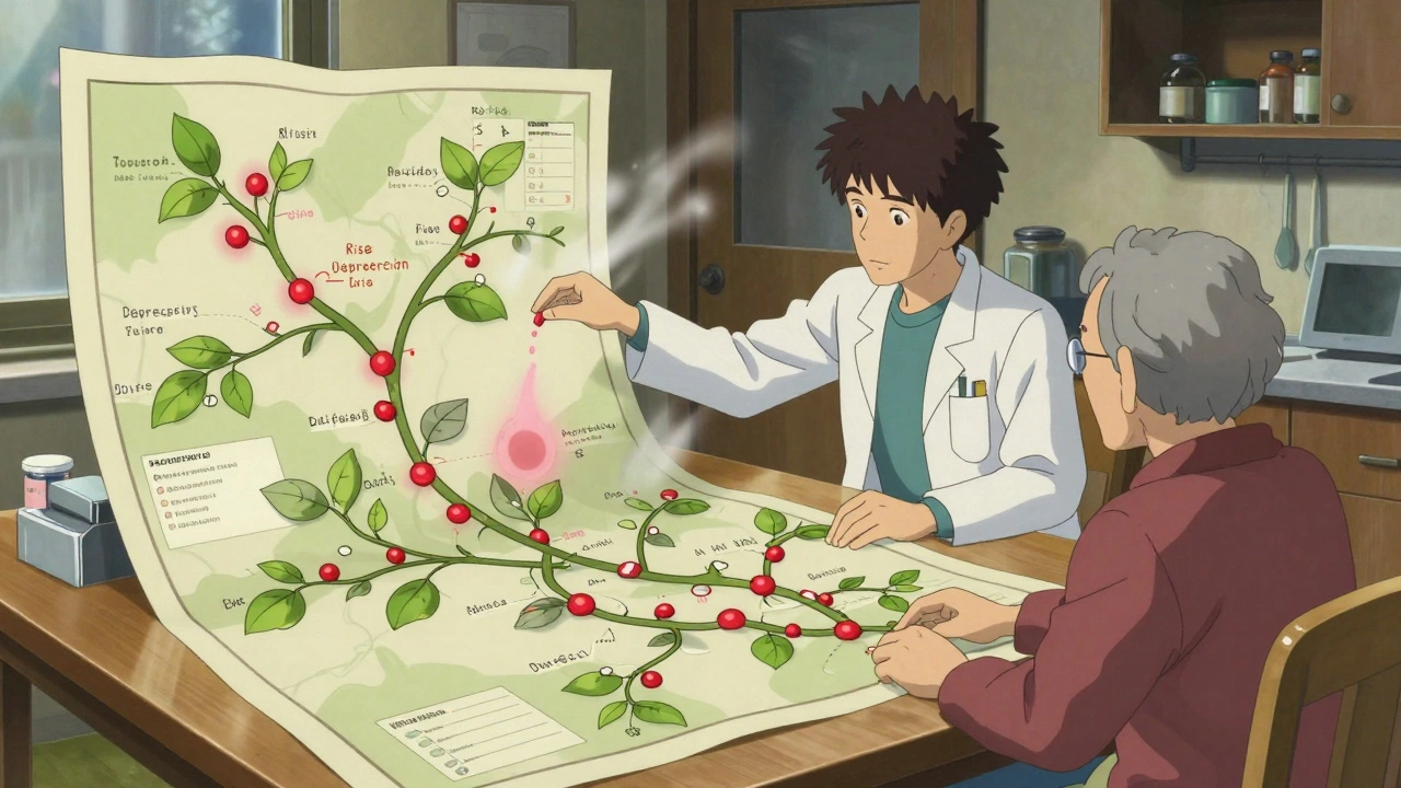A pharmacist and older adult reviewing a vine-like medication map at a kitchen table.