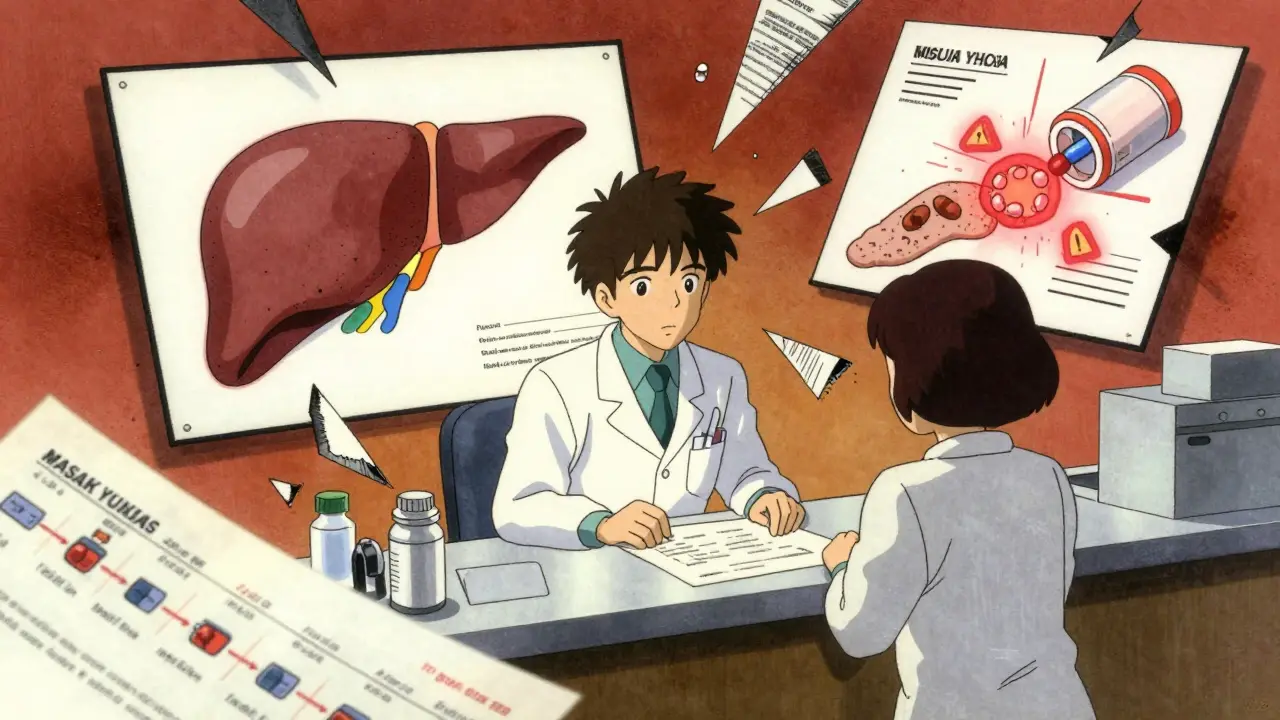 A pharmacist and patient in a fractured time-space scene showing medication history and organ damage.