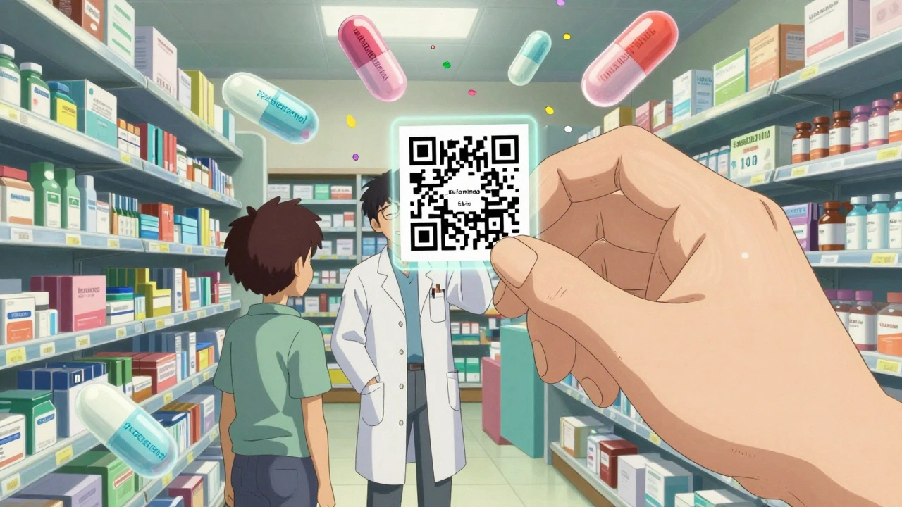 A pharmacist and patient surrounded by floating medication terms and a glowing QR code projecting a video.