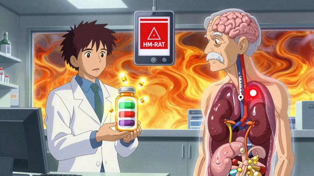 A pharmacist holding a glowing pill bottle as a senior&#039;s internal organs reveal heat risks under a rippling heatwave.