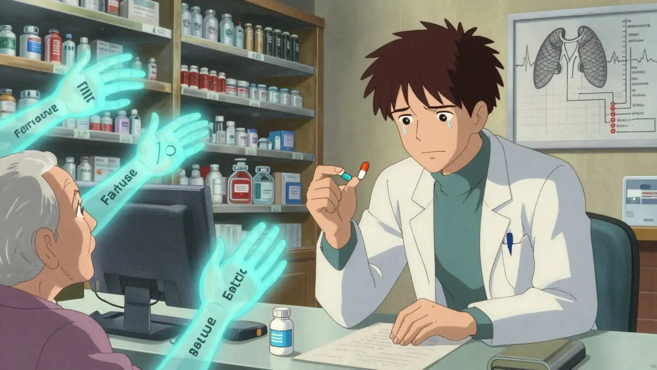 A pharmacist holds two pills as elderly patients' symptom-filled arms reach out, with pharmacy shelves melting into medical graphs.