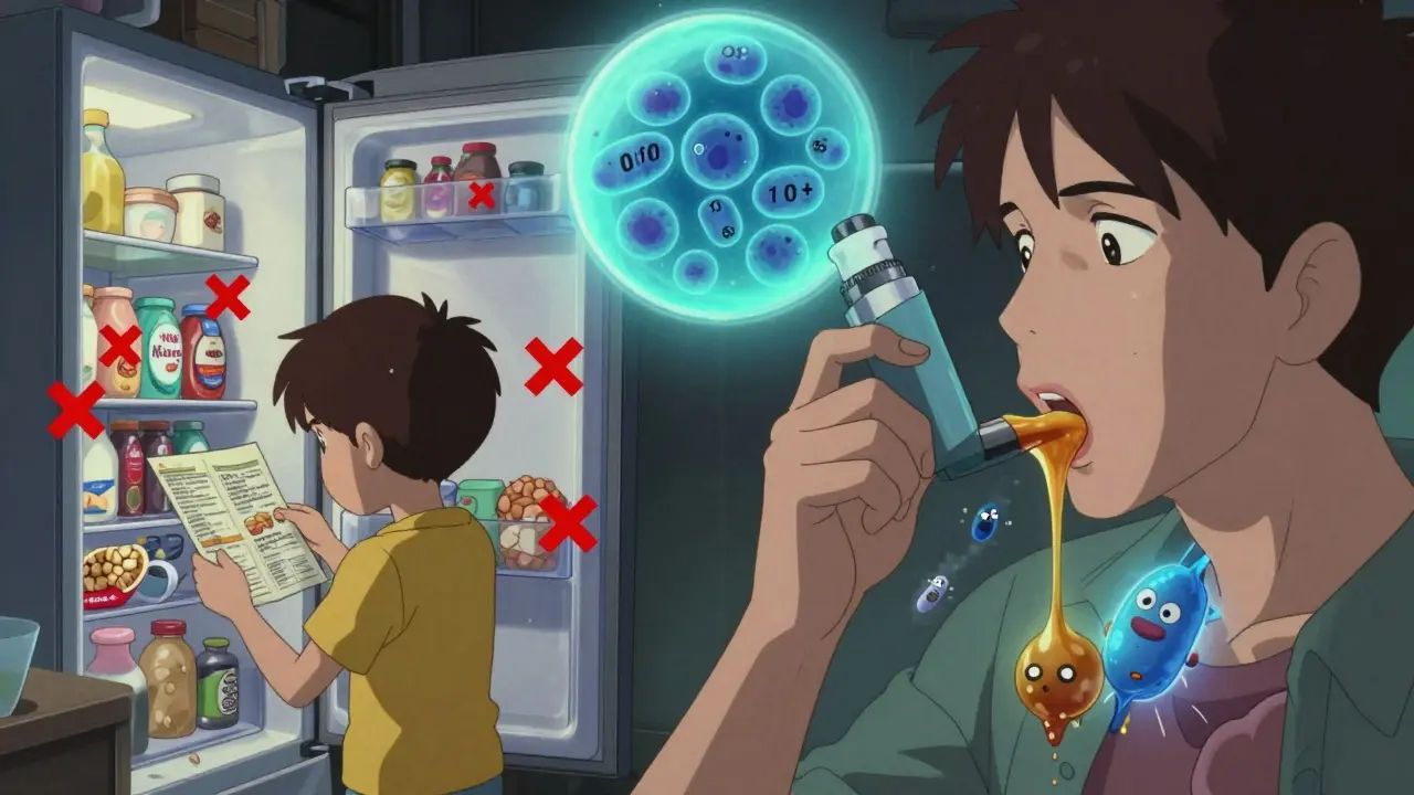 A split scene showing food label reading and steroid slurry swallowing, with eosinophils dissolving in anime style.
