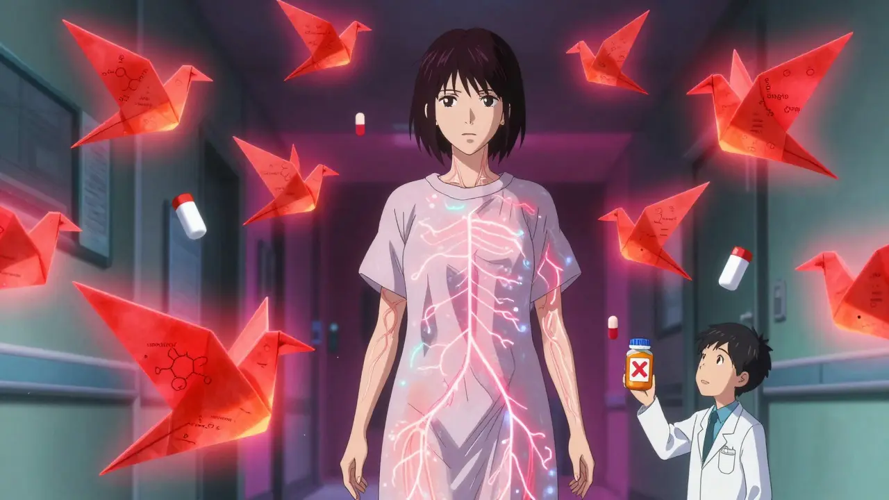 A woman surrounded by burning red hot flashes shaped like birds, revealing internal nerve activity and falling pill bottles.