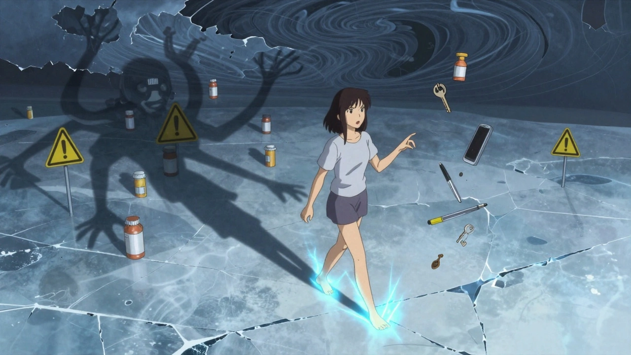 A woman walking on icy ground with electric nerve pulses radiating from her feet, dropping objects that dissolve into static.