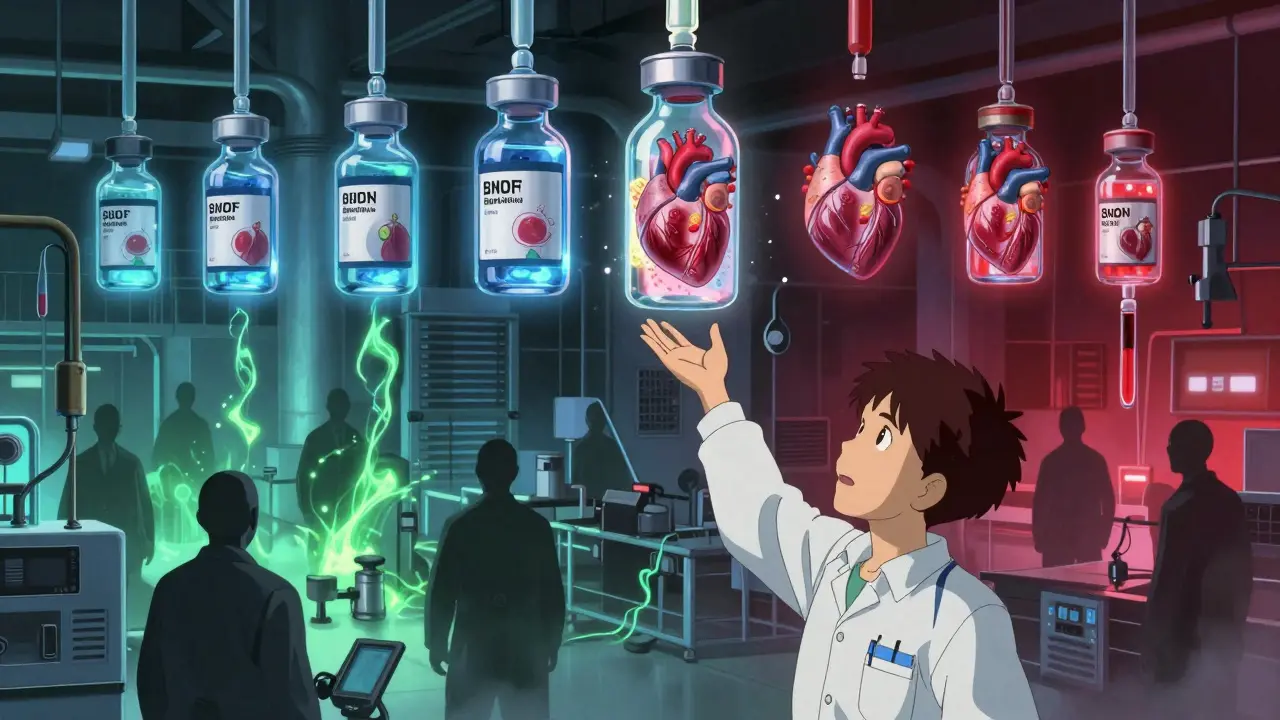 A worker in India connecting biosimilar vials that transform into living organs.