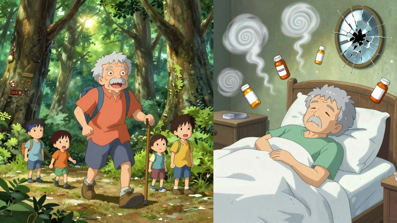 An elderly person hiking happily on one side, and withdrawn in bed with pill bottles on the other, in expressive anime style.