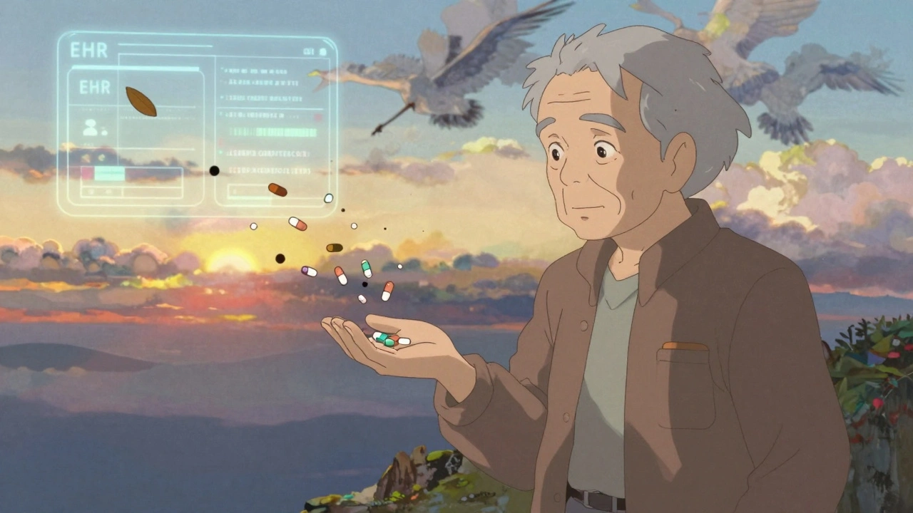 An elderly person standing calmly at sunrise, holding few pills as others dissolve into the sky.