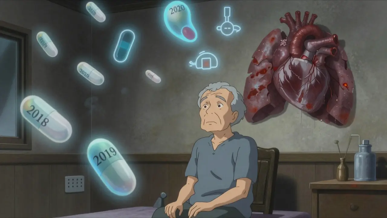 An elderly person surrounded by floating prescription pills from past years, their shadow showing organ damage.