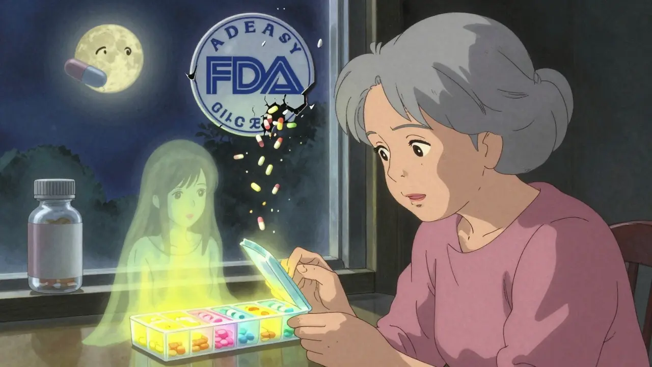 An elderly woman stares at her pill organizer as ghostly versions of herself flicker, with a cracking FDA seal above raining pills.