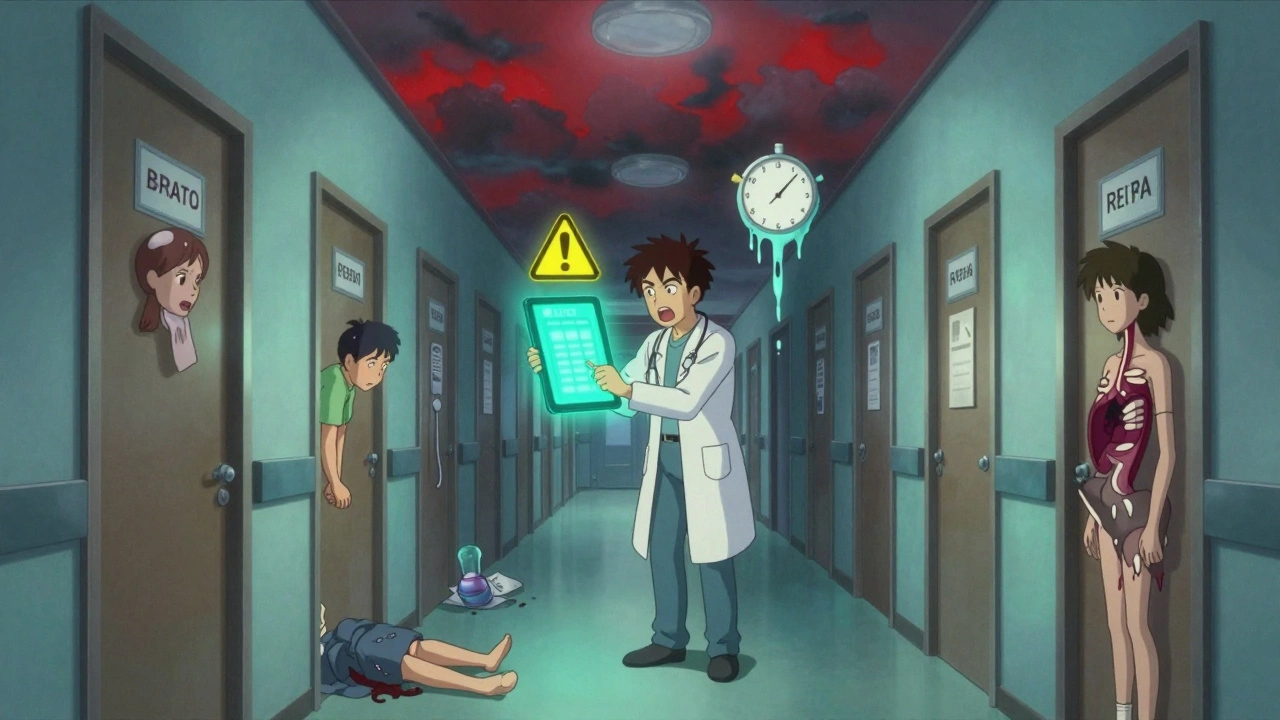 An infinite clinic hallway with patients suffering from drug interactions, a doctor checking a glowing database tablet.