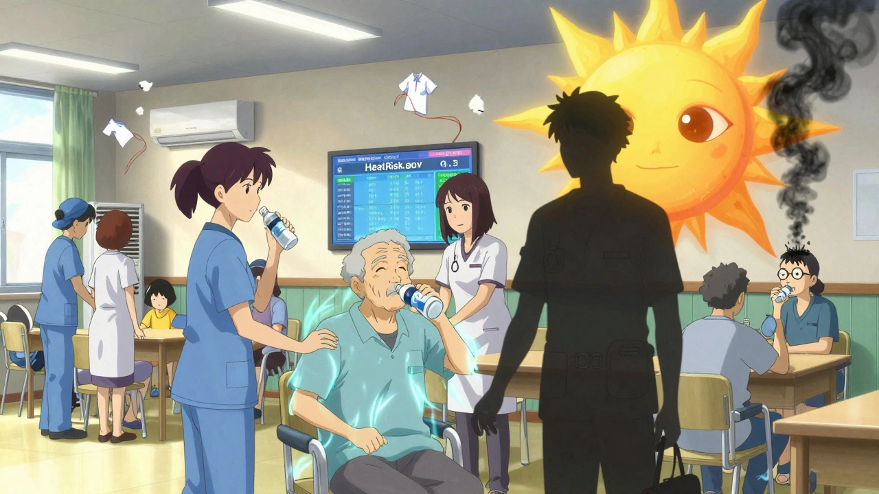 Caregivers guiding seniors to cool spaces, one drinking electrolytes while a sun with eyes looms overhead.