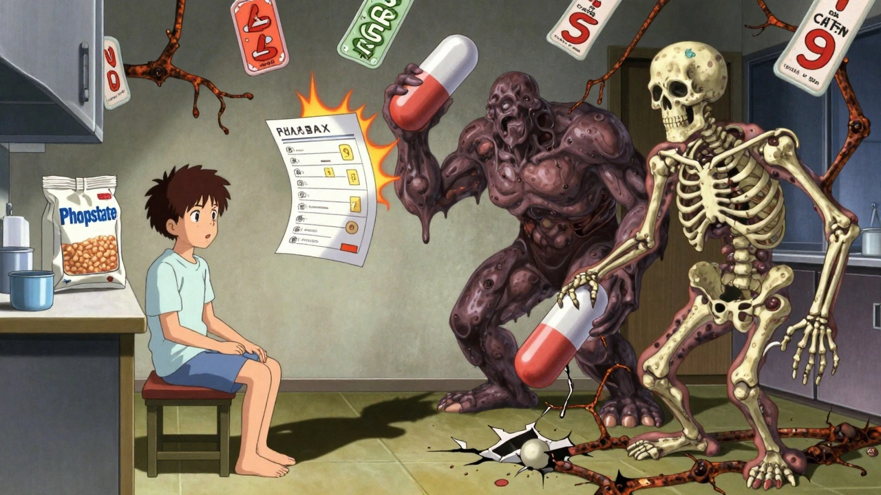 Dialysis patient at kitchen table, shadow cast as three monstrous figures representing phosphate, calcium, and bone damage, lab report with exploding numbers floating above.